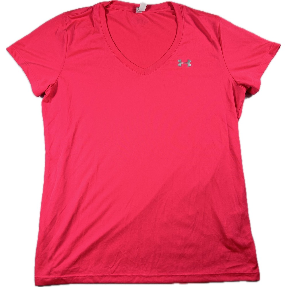 Under Armour HeatGear Women's Large Pink V Neck Loose Fit Athletic Shirt Tee